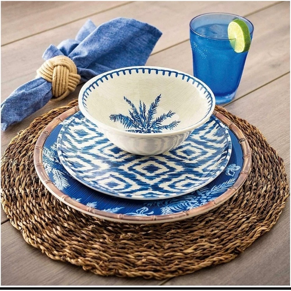 Member's Mark Tropical Ikat Melamine Dinnerware 18 Pc Rare HTF Blue Palm